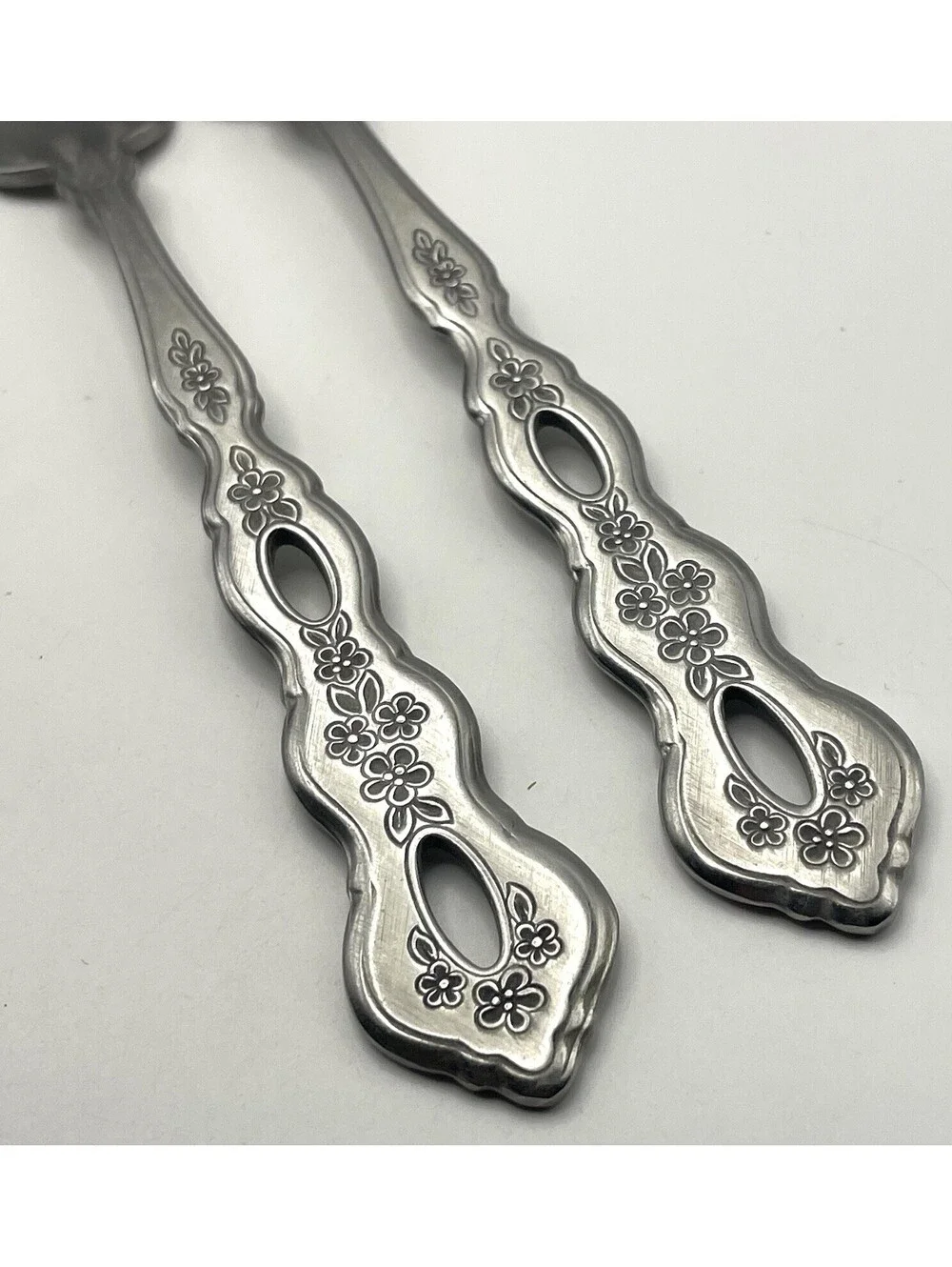2- Oneida Community FANTASY Burnished Stainless Pierced Hndl Dinner Fork ~7.25”